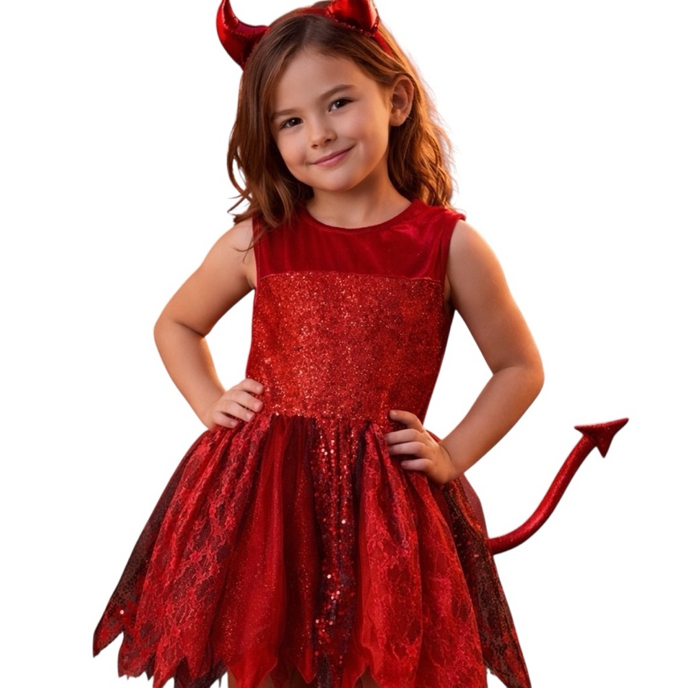 Spirit Halloween Girls Red Devil Costume Dress Size S‎ Sparkle Lace Tail